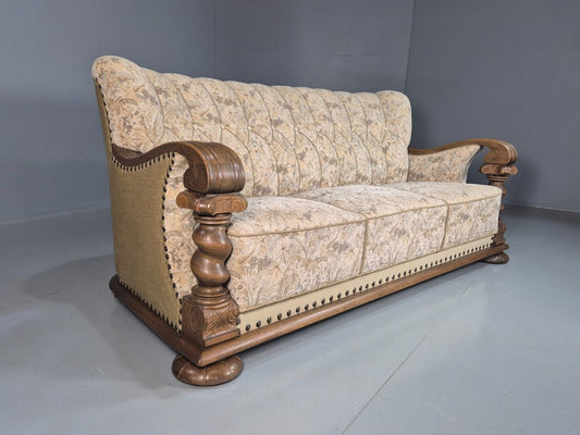 Vintage Danish Shell Back 3 Seat Sofa Carved Oak Frame Floral EB8073 V3SS - UKDK FURNITURE