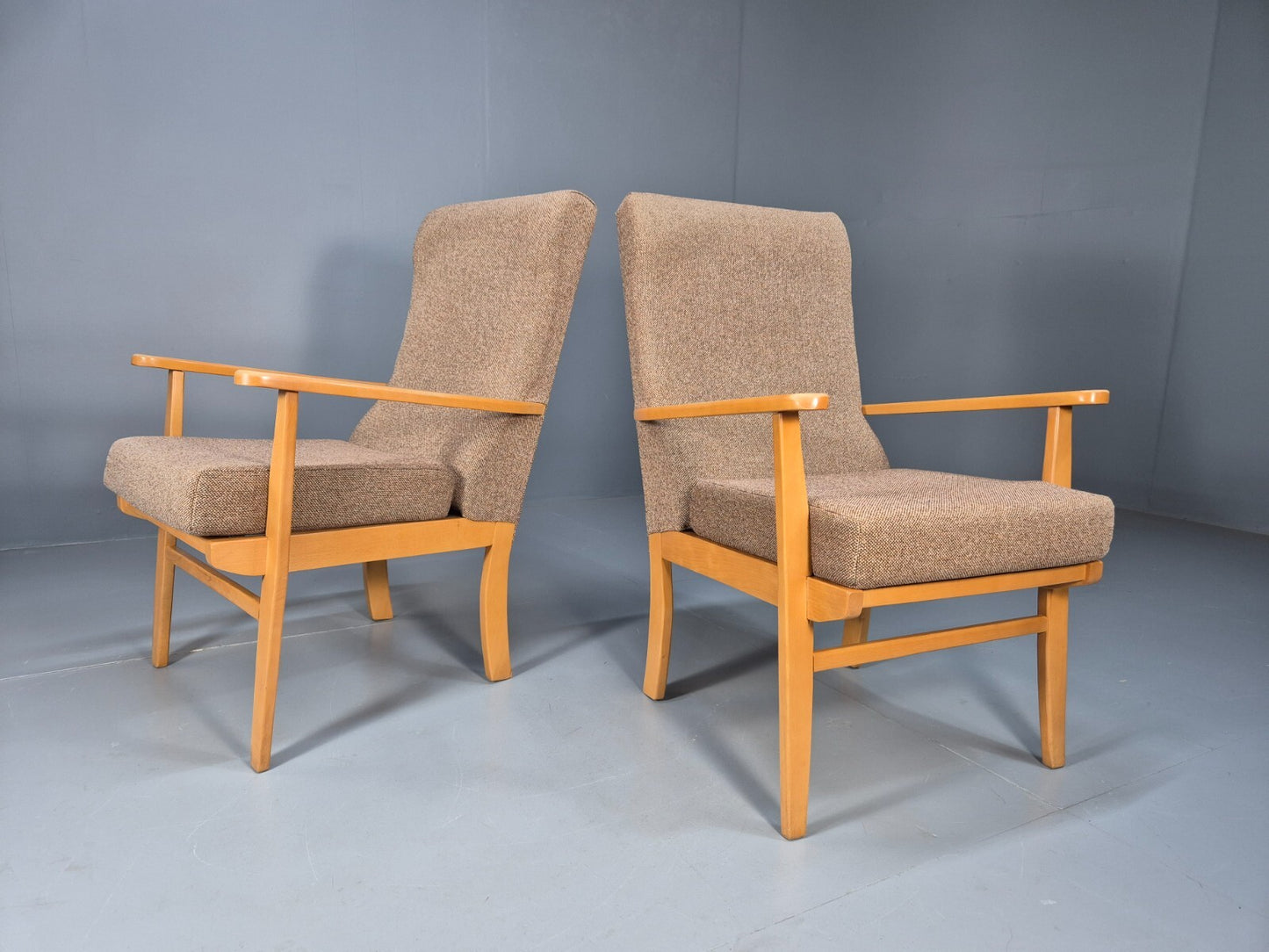 Vintage Oatmeal Armchairs Beech Frame Pair Retro Design EB9489 MNOR - UKDK FURNITURE