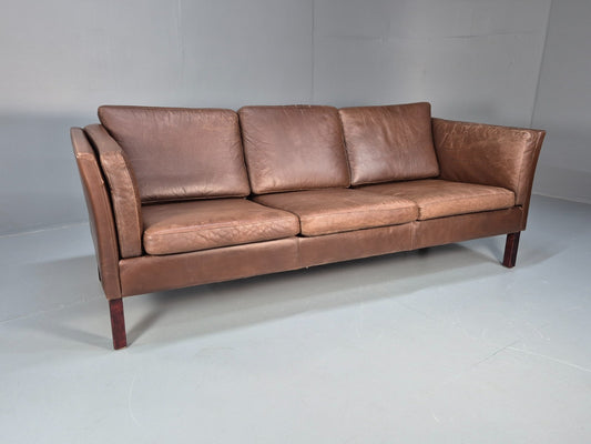 Mid Century Retro Settee Three Seater Brown Leather Vintage Denmark EB10081 M3SS1