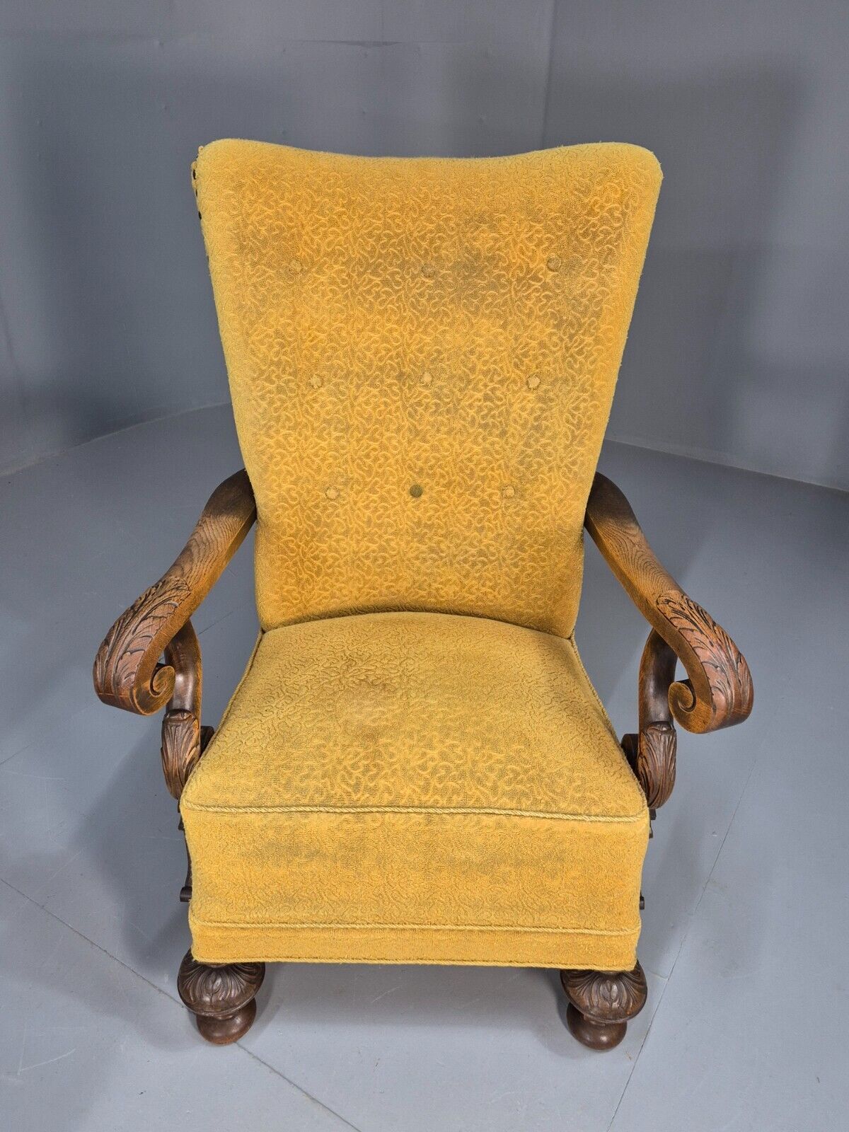 2 Vintage Baroque Armchgairs in Oak and Mustard Moquette 1940s EB9005 VCLO - UKDK FURNITURE