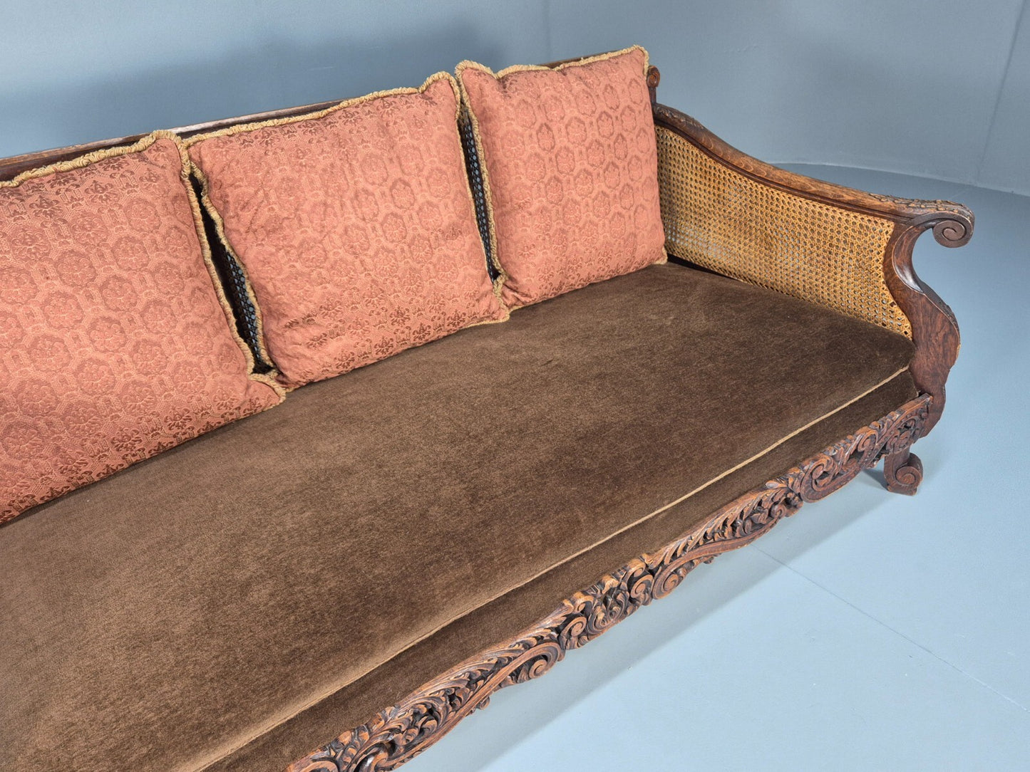 Vintage Danish 1920s Carved Oak Sofa Bergere Brown Velour Antique EB9544 V3SS - UKDK FURNITURE