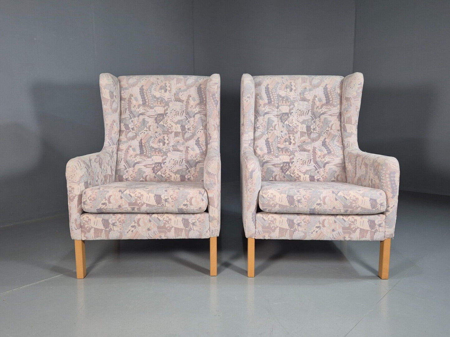 2 Vintage Danish Wing Back Lounge Chairs Cotton 1980s Fabric Retro EB8289 MNOR - UKDK FURNITURE