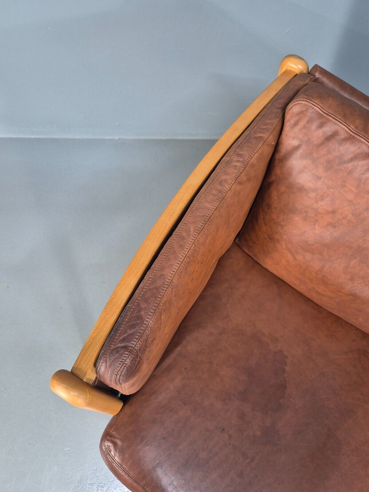 Vintage Danish 3 Seat Sofa Tan Leather Beech Ends Stouby Style MCM EB8751 M3SS - UKDK FURNITURE