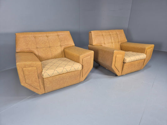 2 Vintage 1960s Mustard Vinyl Lounge Chairs British Retro Modernism EB9396 MNOR - UKDK FURNITURE