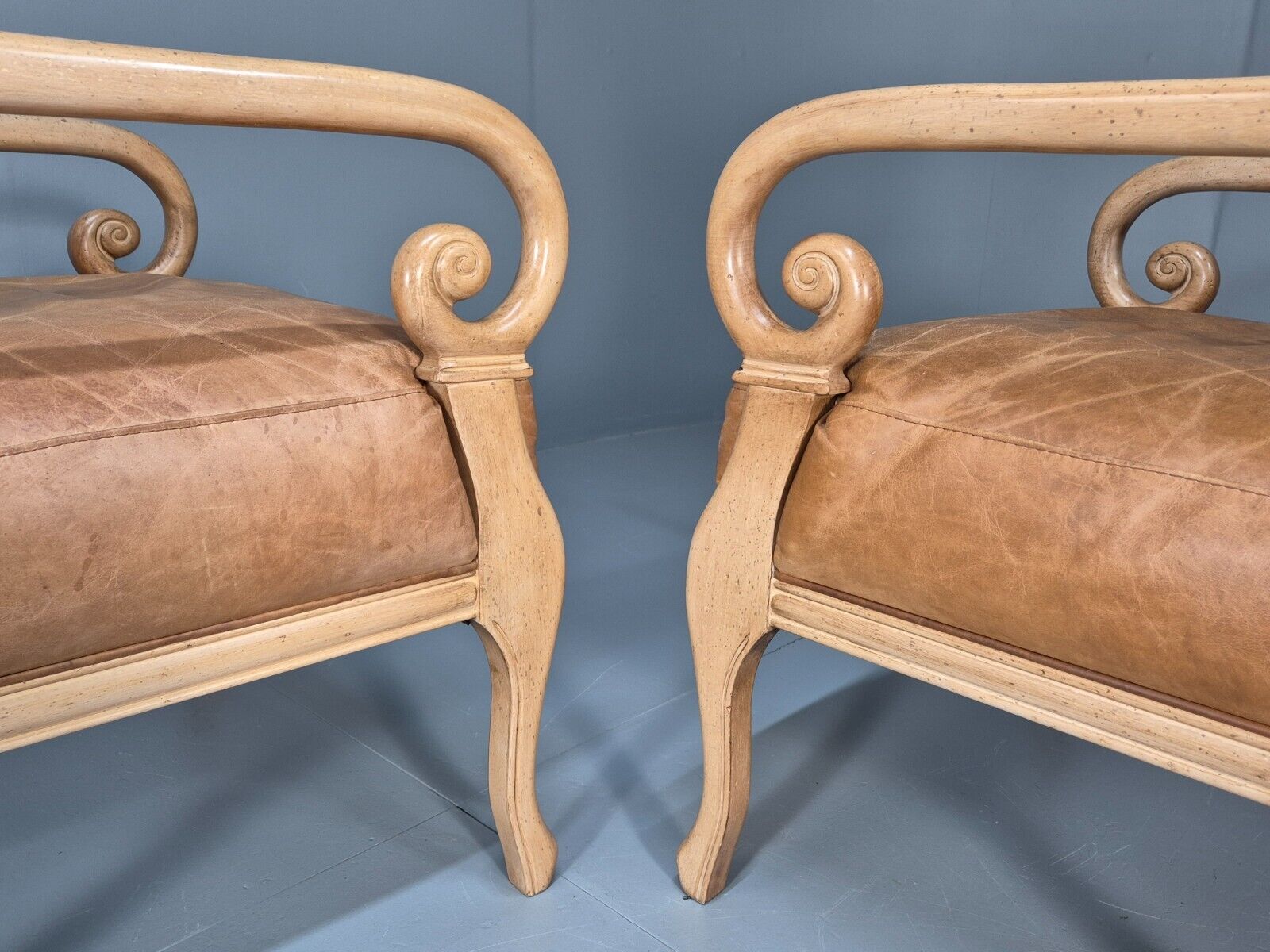 2 Vintage Lounge Chairs Tan Leather Cream Wood Frame Antique Style EB9028 VLEA - UKDK FURNITURE