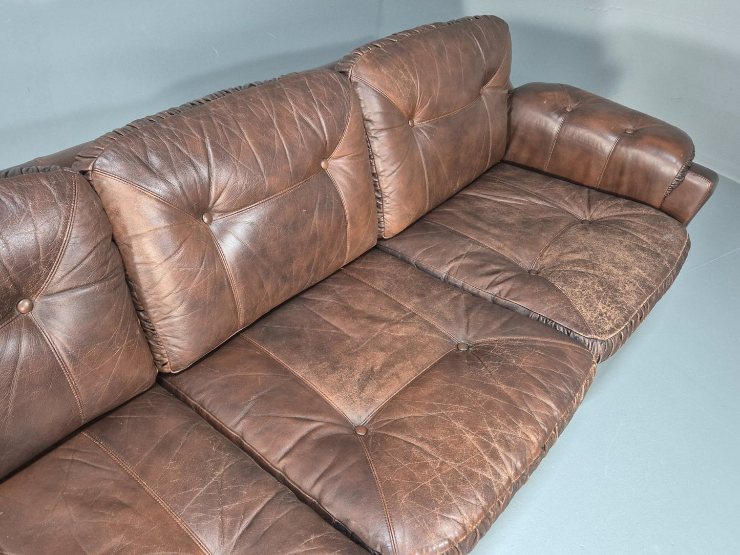 1970s Three Seat Retro Sofa Danish Brown Leather Vintage EB10687 V3SS11