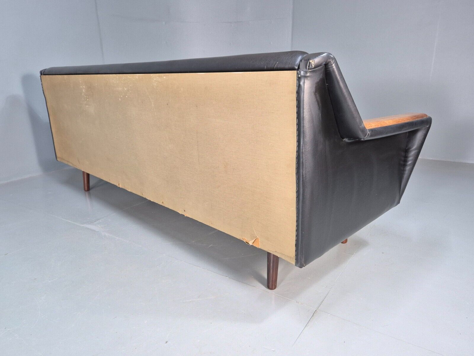 Vintage Danish Sofa Bed Black Vinyl Teak Paws Legs Reupholstery MCM EB7273 M4SS - UKDK FURNITURE