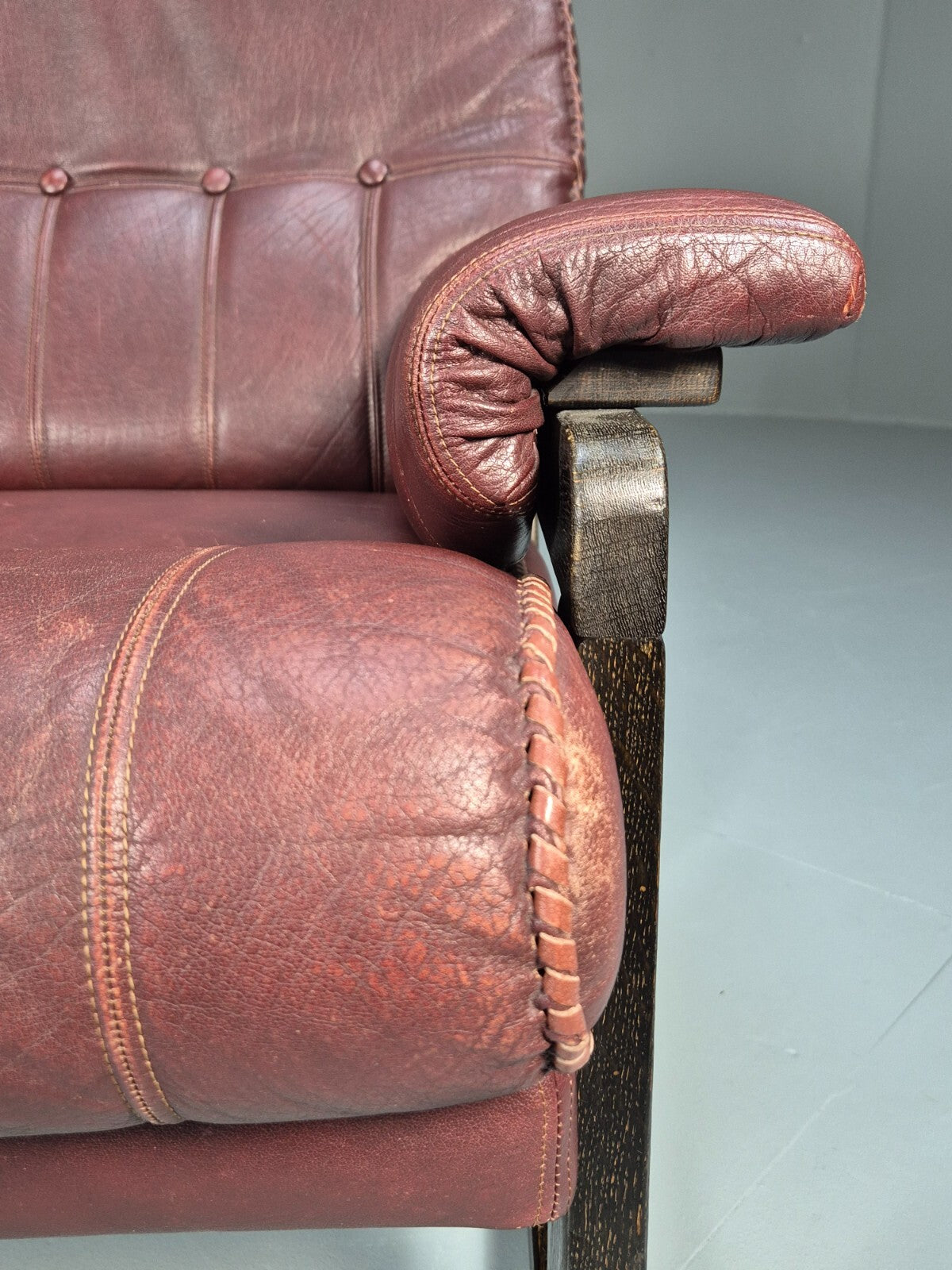 Vintage Danish Burgundy Leather Lounge Chair Stitch Detail 1980s MCM EB9259 MNOR - UKDK FURNITURE