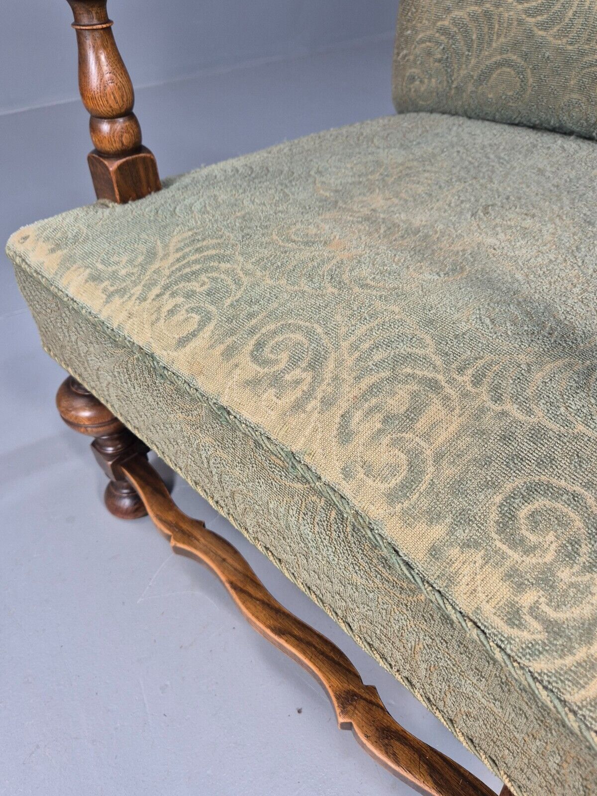 Vintage Danish Lounge Chair Green Moquette Carved Oak Frame 1940s EB8981 VCLO - UKDK FURNITURE