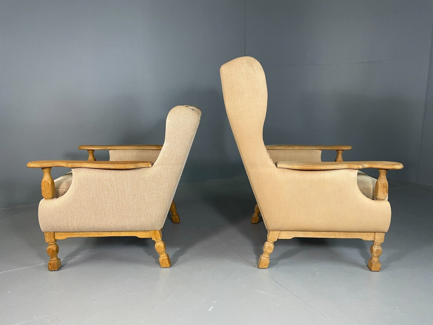 2 Vintage Danish Lounge Chairs Oak Frame Cream Wool Kjaernulf Retro EB6689 MNOR - UKDK FURNITURE