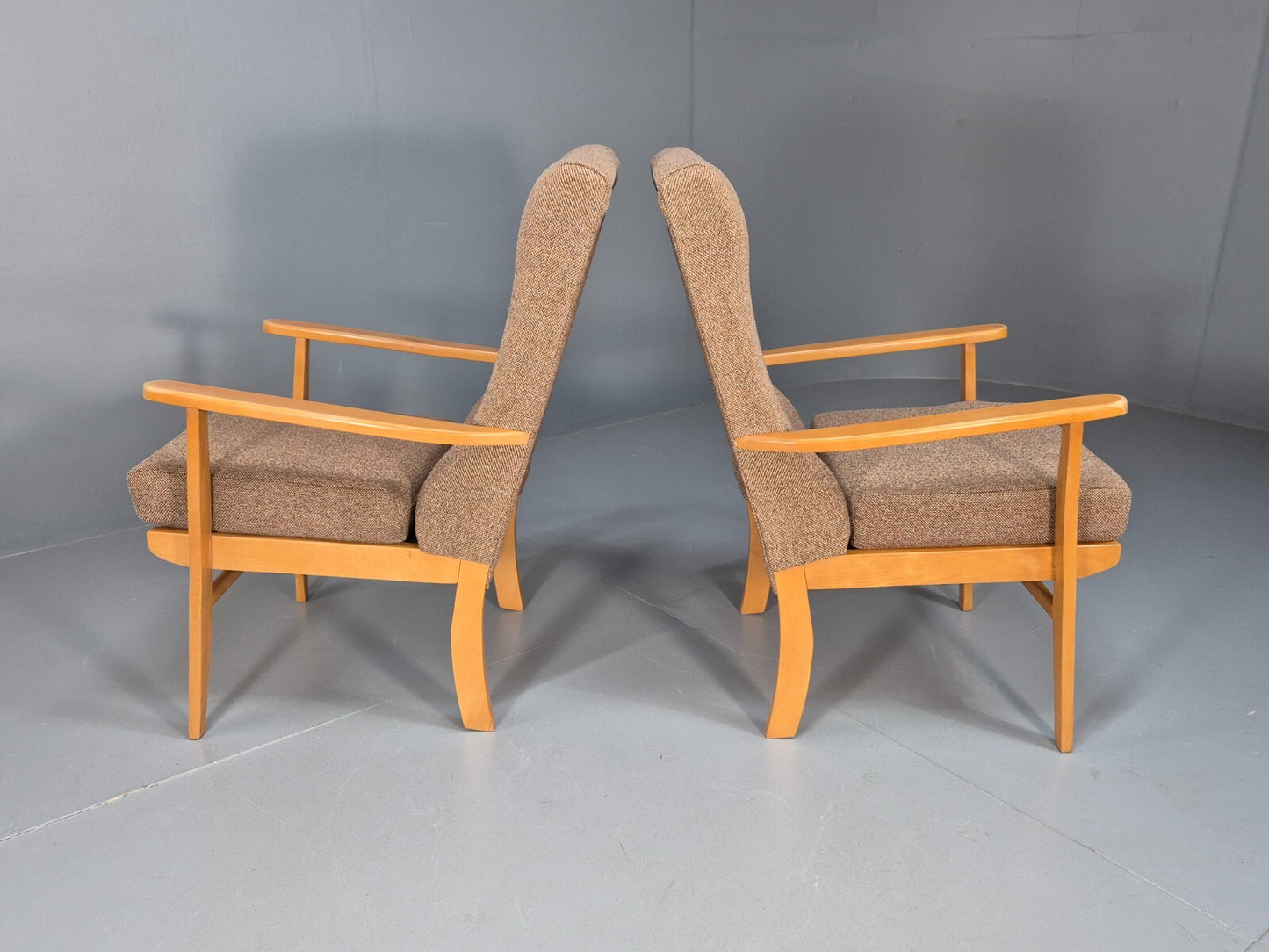 Vintage Oatmeal Armchairs Beech Frame Pair Retro Design EB9489 MNOR - UKDK FURNITURE