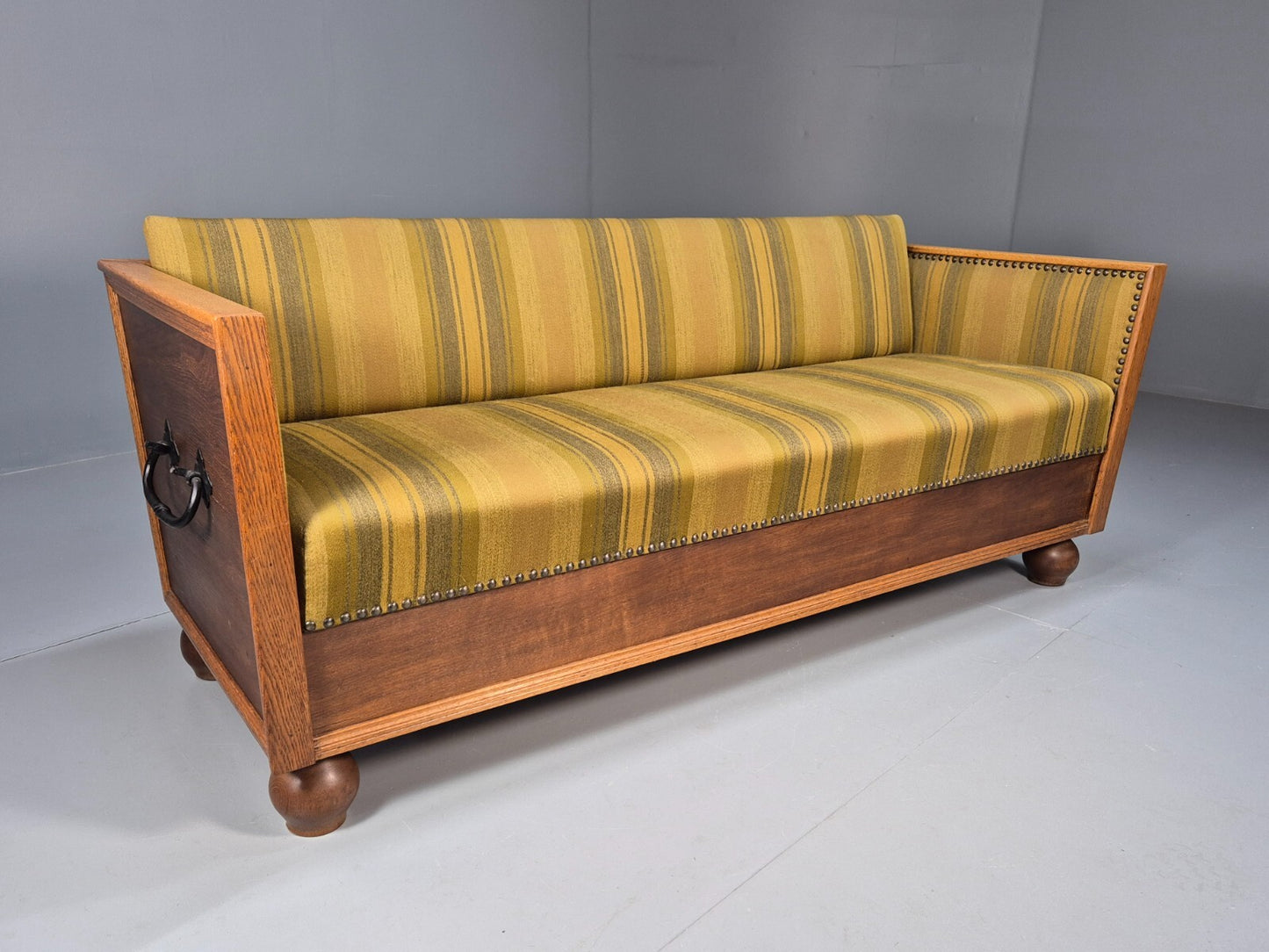 Vintage Danish 3 Seat Sofa Gold Green Wool Oak Frame Antique Style EB8942 V3SS - UKDK FURNITURE