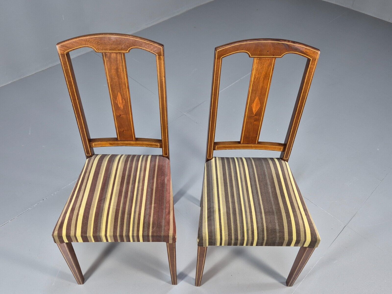 2 Vintage Dining Chairs Stripe Upholstery Boxwood Inlay 1920s EB8852 VDIN - UKDK FURNITURE