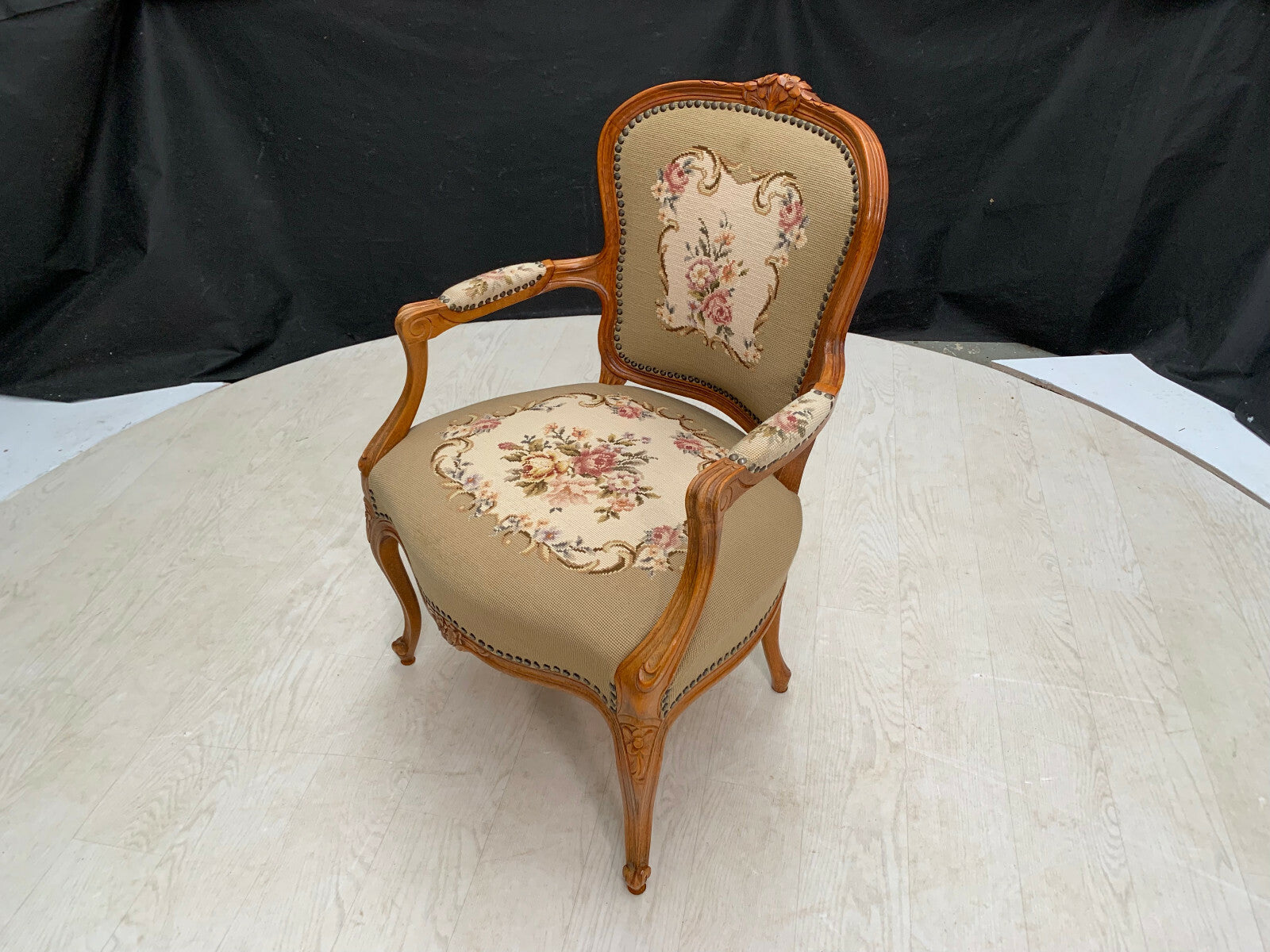 Danish Carved Beech & Beige Floral Wool Arm Chair Vintage Lounge EB2515 VCAR - UKDK FURNITURE