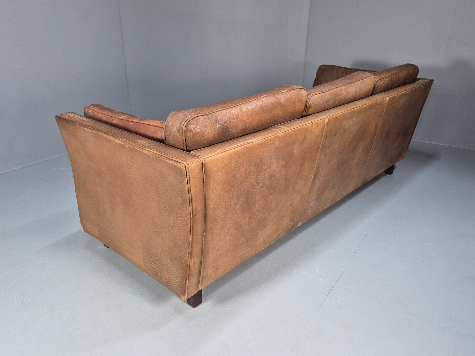 Mid Century 3 Seater Leather Sofa Danish Tan Leather  1970s Retro EB10102 M3SS19