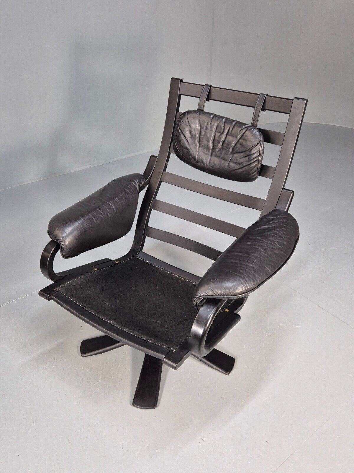 Vintage Danish Swivel Chair Black Leather Retro Seating EB8882 MSWI - UKDK FURNITURE