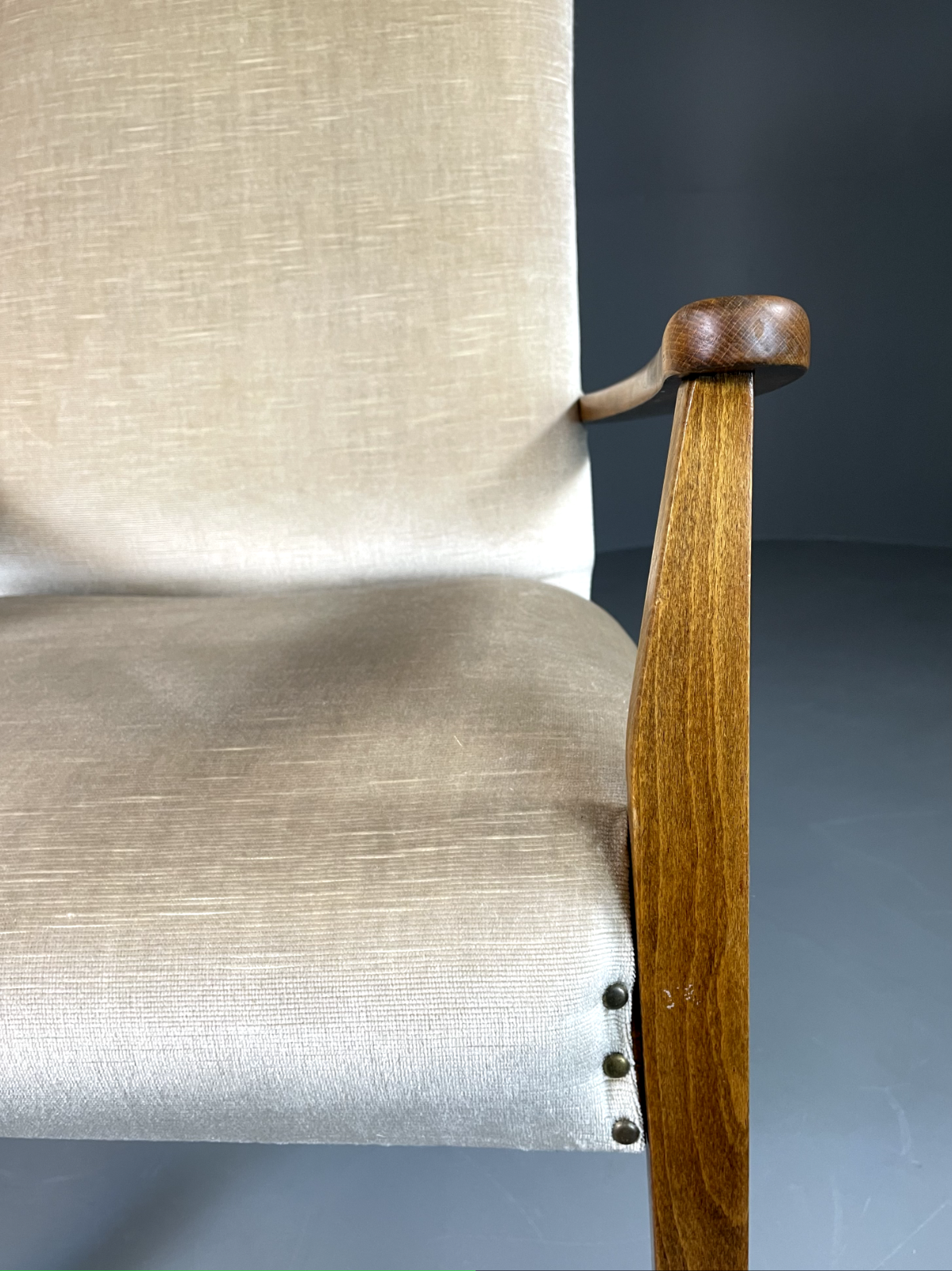 EB6009 Vintage Danish Highback Armchair Cream Velour Studded Seating VCLO - UKDK FURNITURE
