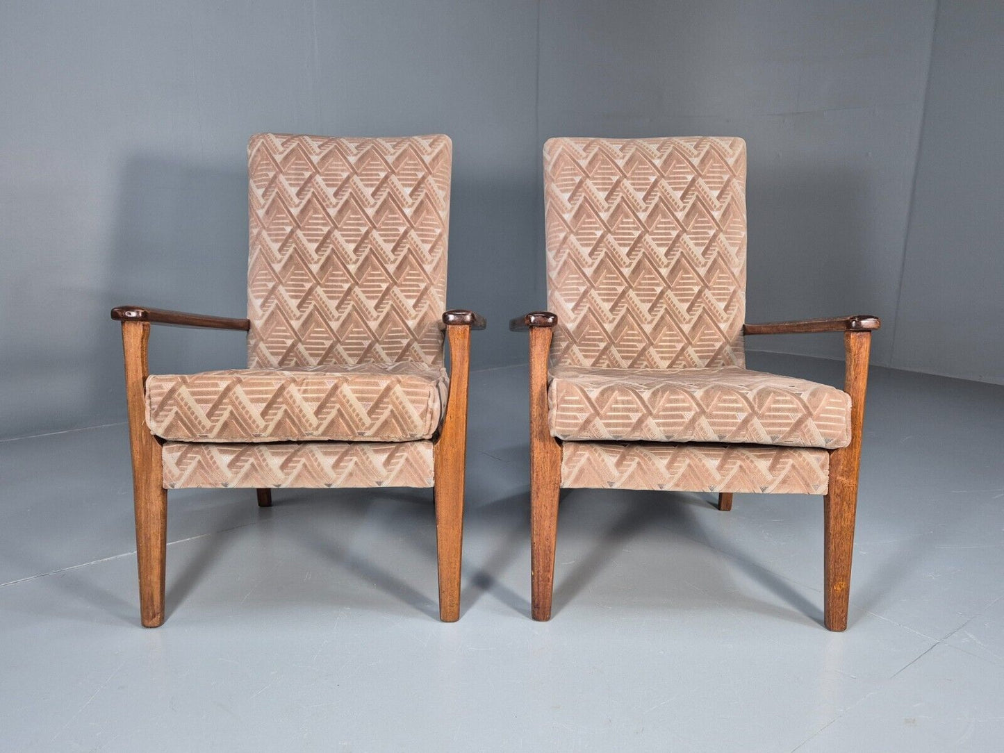 Vintage Parker Knoll Armchairs Pair Deco Pink Fabric Stained Beech EB8866 MCLO - UKDK FURNITURE