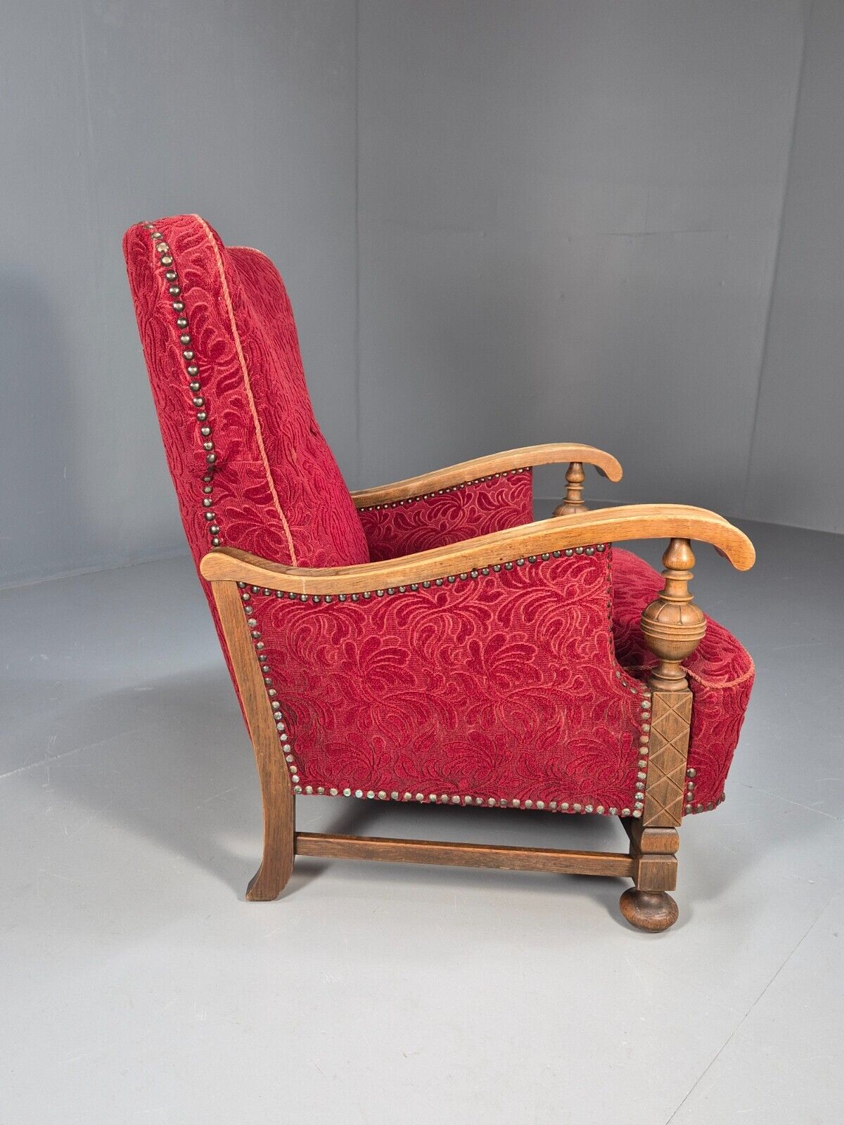 Vintage Danish Lounge Chair Red Moquette Oak Frame 1940s Retro EB8937 VCLO - UKDK FURNITURE