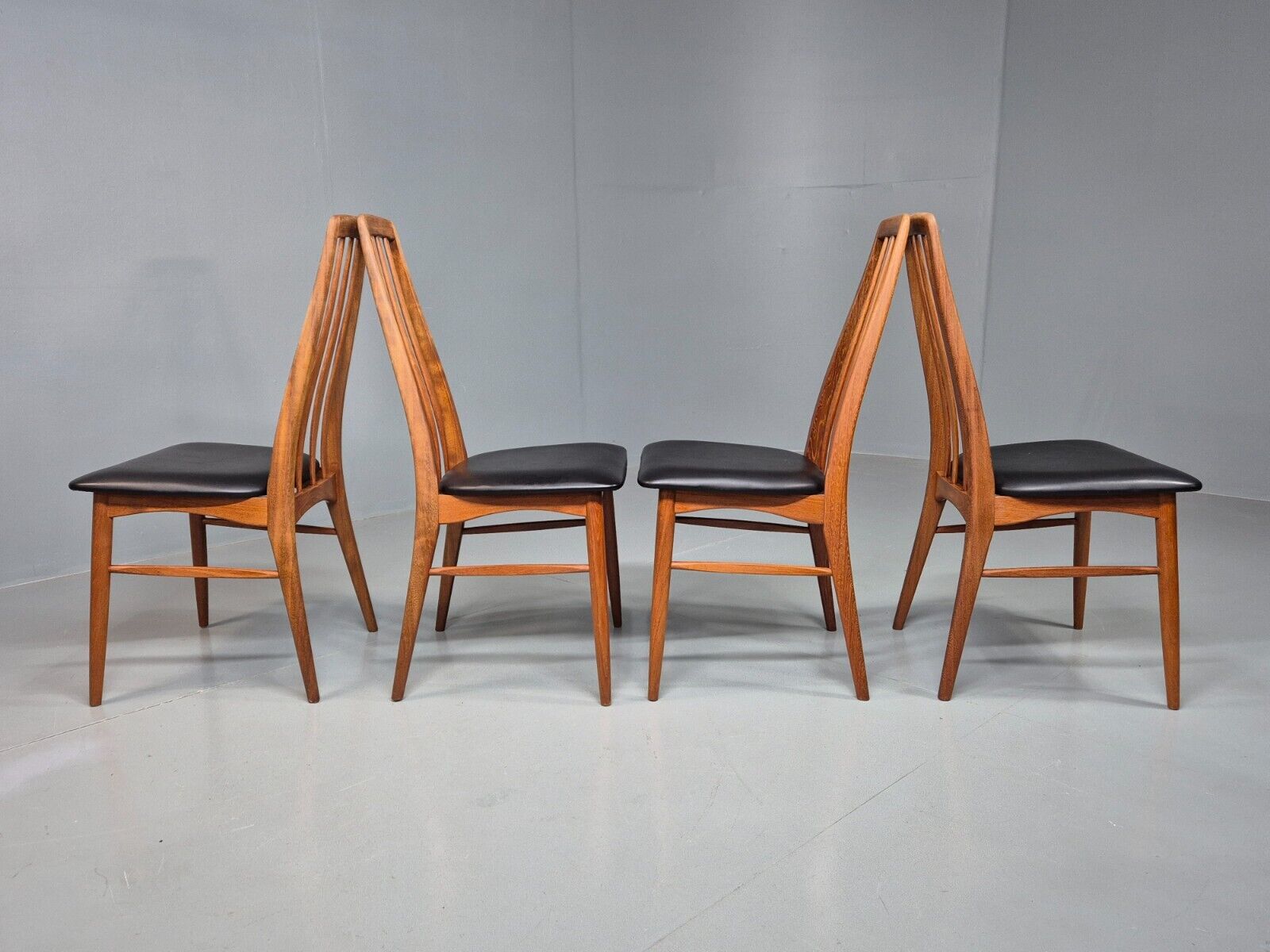 4 Vintage Danish Dining Chairs Black Vinyl Teak Koefoeds Retro MCM EB8433 MDIN - UKDK FURNITURE