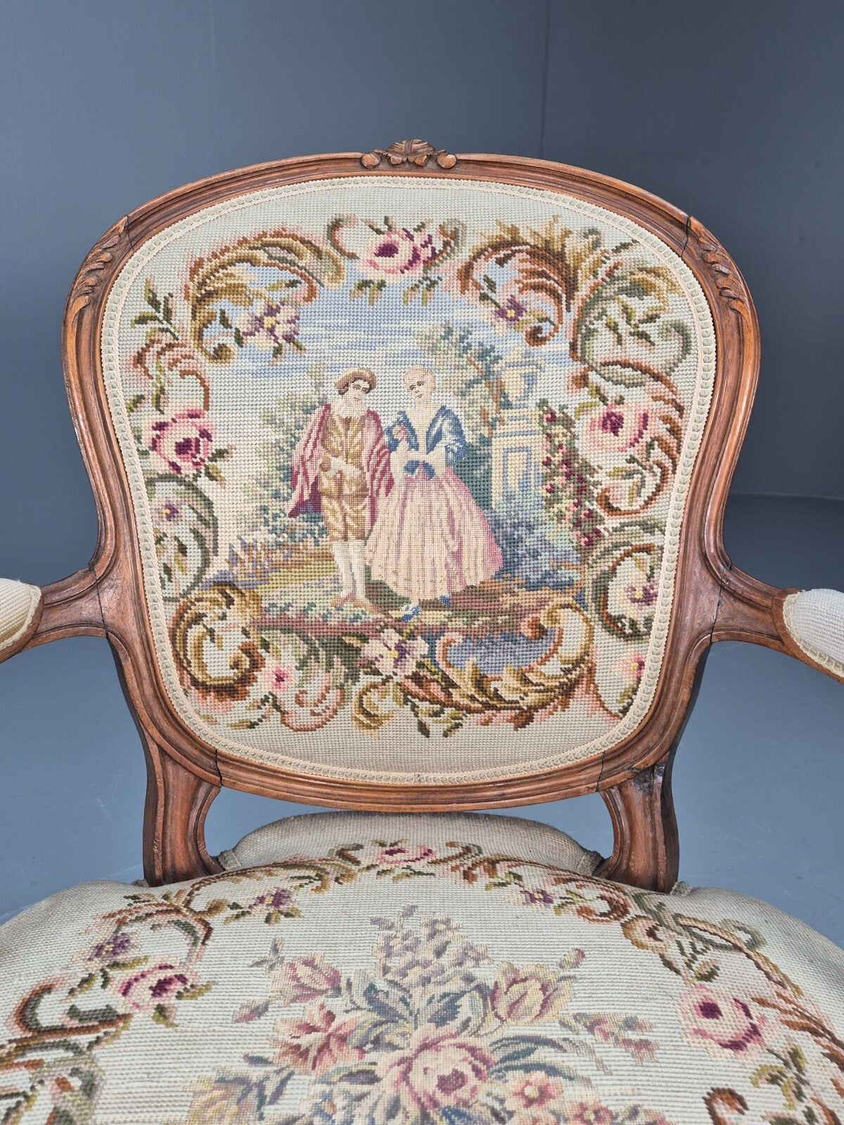 Antique Danish Lounge Chair Embroidered Lovers Tapestry French Style EB9637 VCAR - UKDK FURNITURE