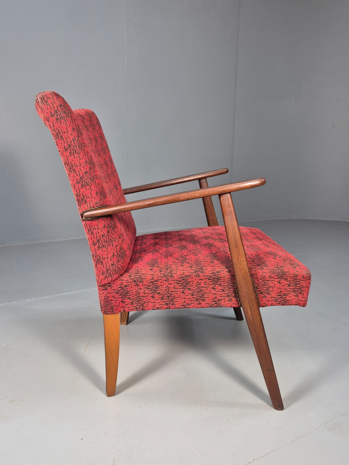Mid Century Danish Armchair Teak Wood Red Pattern Fabric Vintage 60s EB9598 MNOR - UKDK FURNITURE