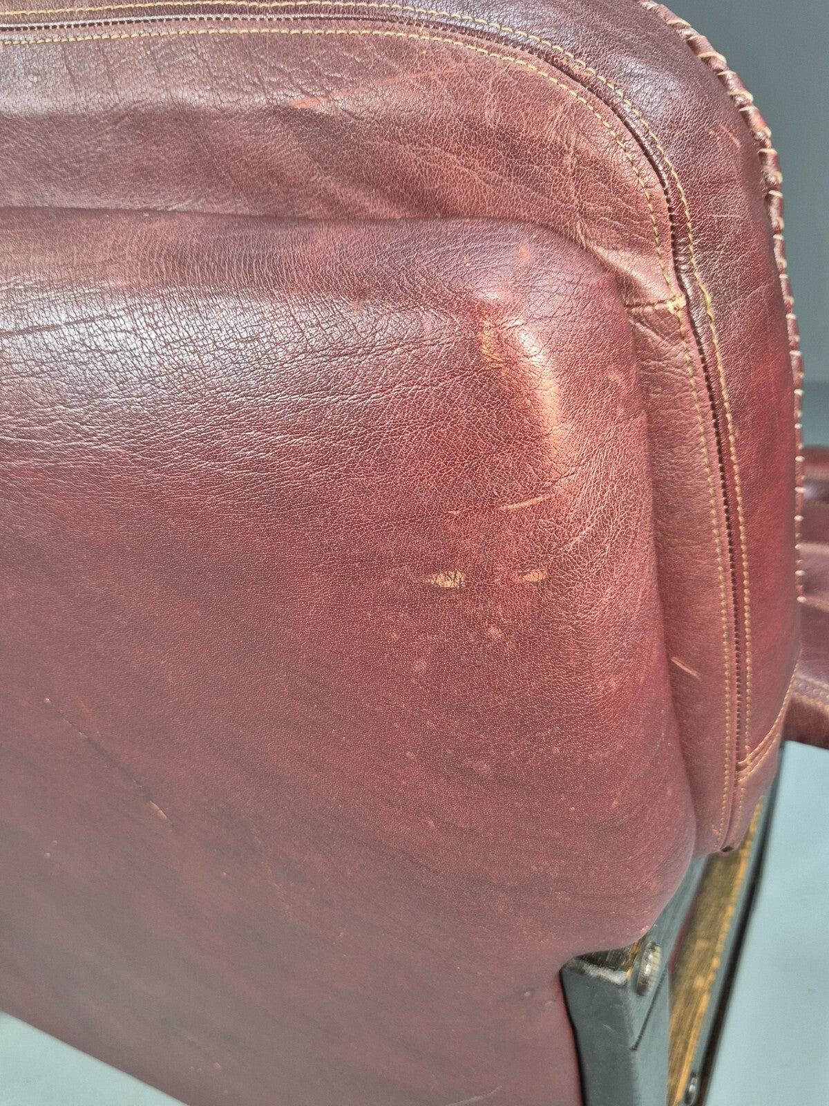 Vintage Danish Burgundy Leather Lounge Chair Stitch Detail 1980s MCM EB9259 MNOR - UKDK FURNITURE