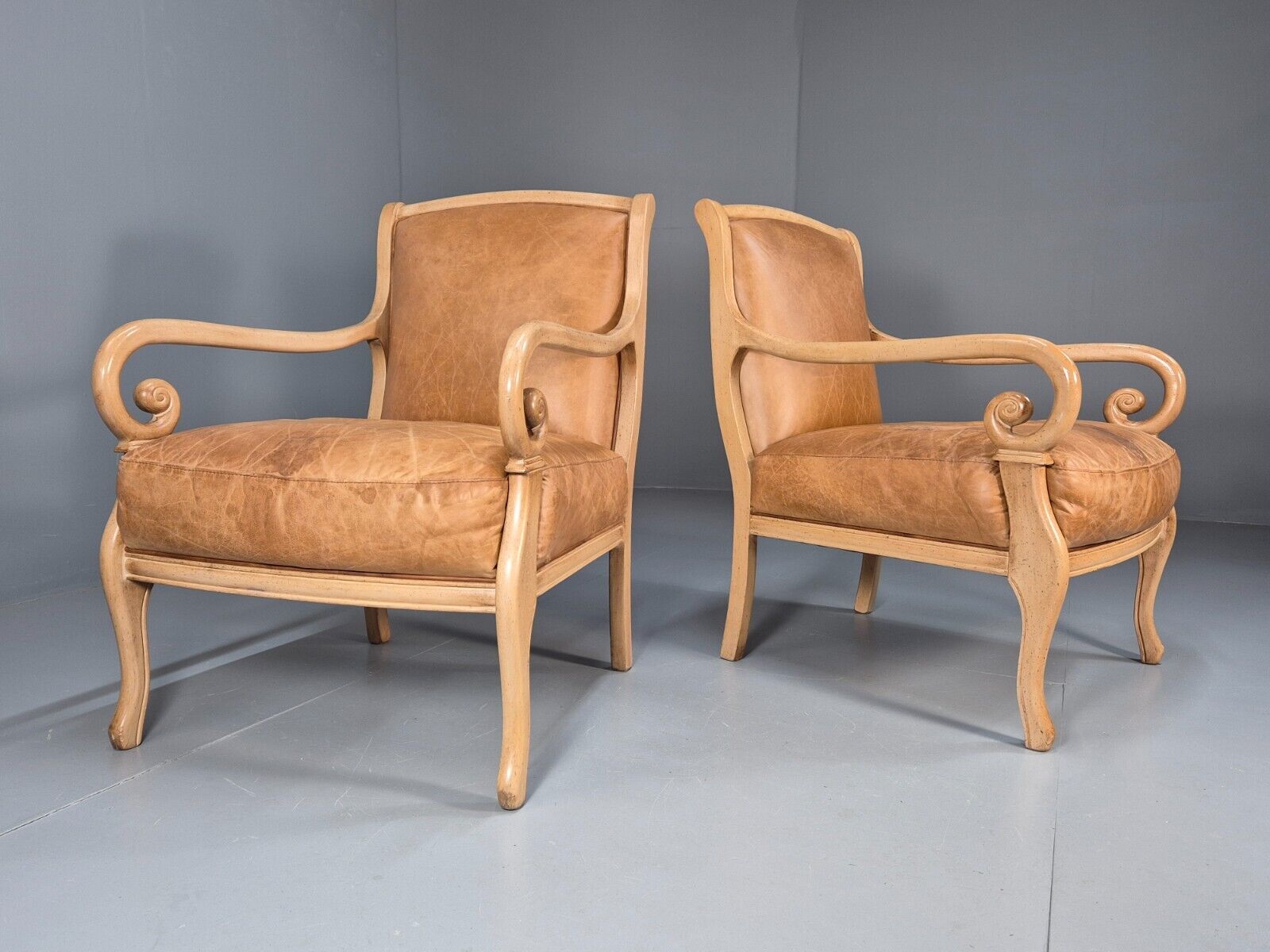 2 Vintage Lounge Chairs Tan Leather Cream Wood Frame Antique Style EB9028 VLEA - UKDK FURNITURE