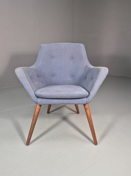 Retro Danish Tub Chair Blue Canvas Teak Turned Legs MCM Vintage EB10747 MNOR1