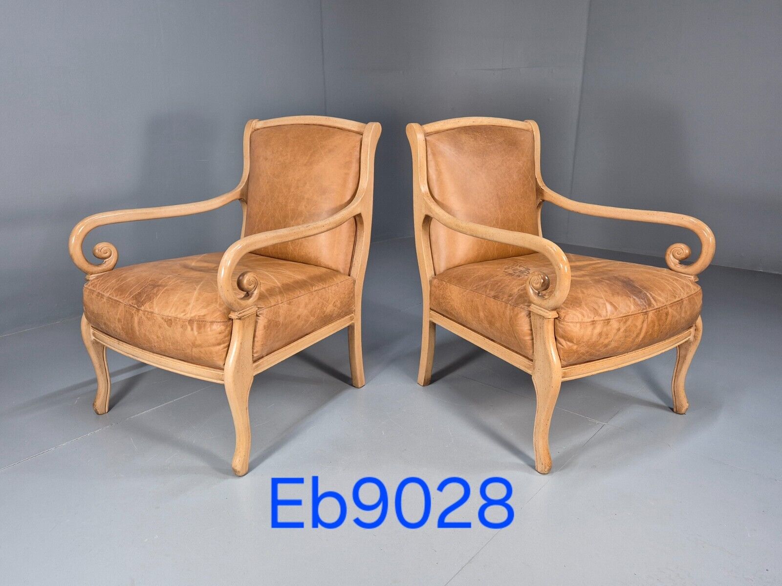 2 Vintage Lounge Chairs Tan Leather Cream Wood Frame Antique Style EB9028 VLEA - UKDK FURNITURE