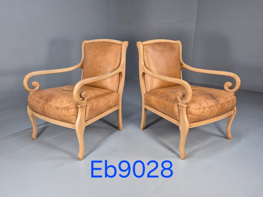 2 Vintage Lounge Chairs Tan Leather Cream Wood Frame Antique Style EB9028 VLEA - UKDK FURNITURE