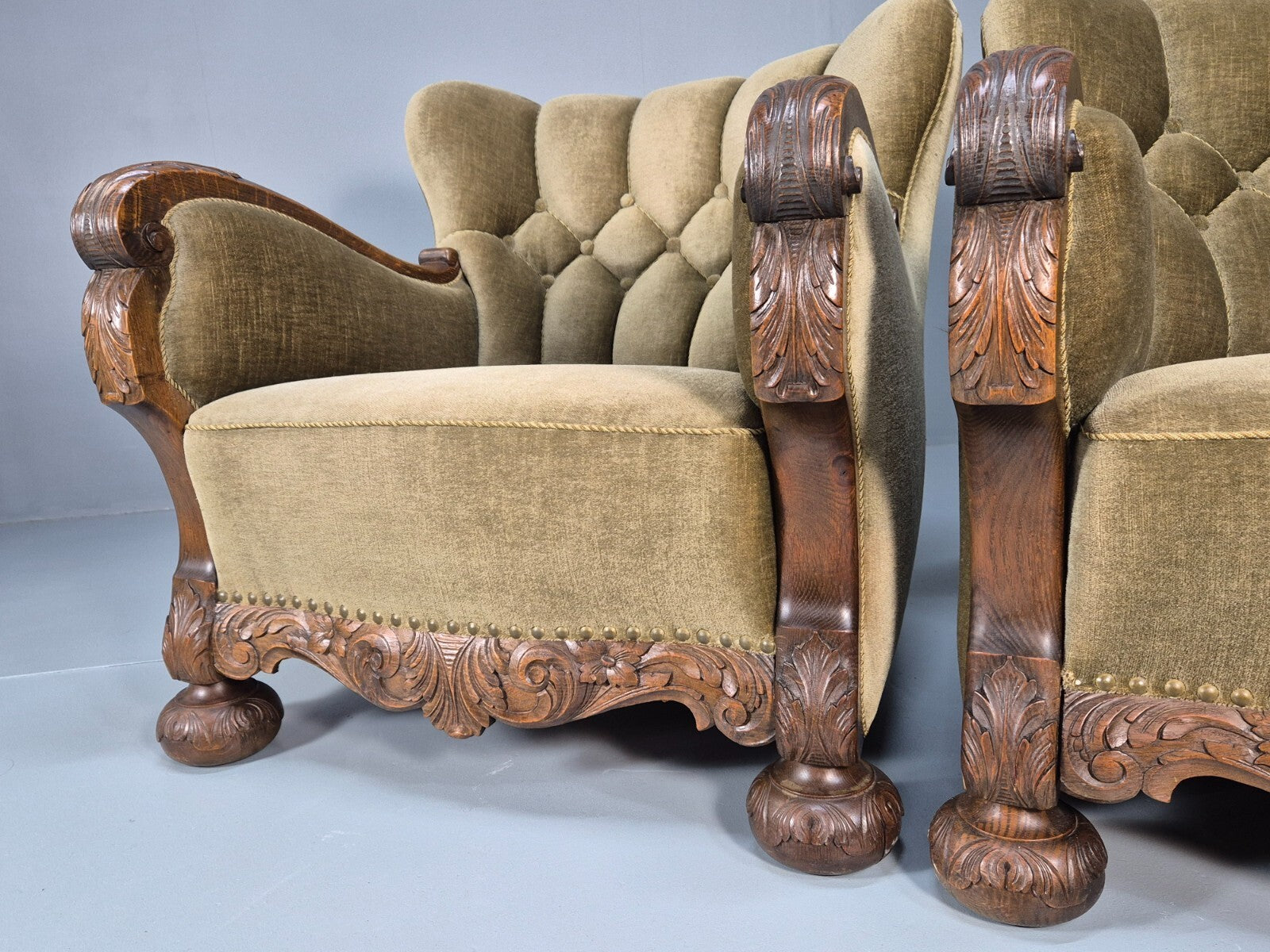 2 Antique Carved oak Danish Lounge Chairs Mink Velour Fan Back 1930s EB9557 VCLO - UKDK FURNITURE