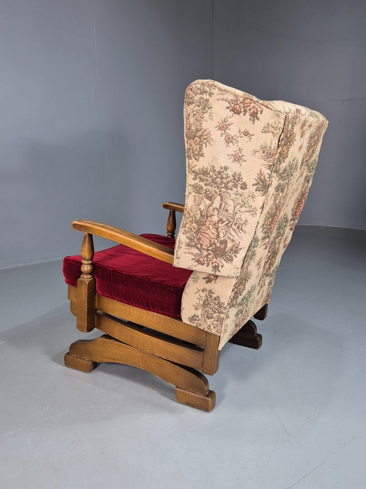 Vintage Wing Back Rocking Chair Floral Upholstery Beech Frame 1950s EB7936 MNOR - UKDK FURNITURE