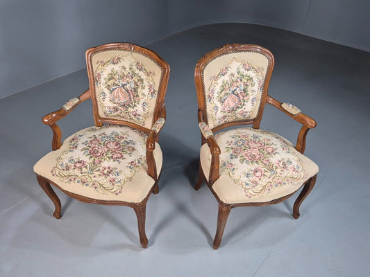 2 Vintage Danish Lounge Chairs Fauteuil Floral Tapestry French Repro EB8077 VCAR - UKDK FURNITURE