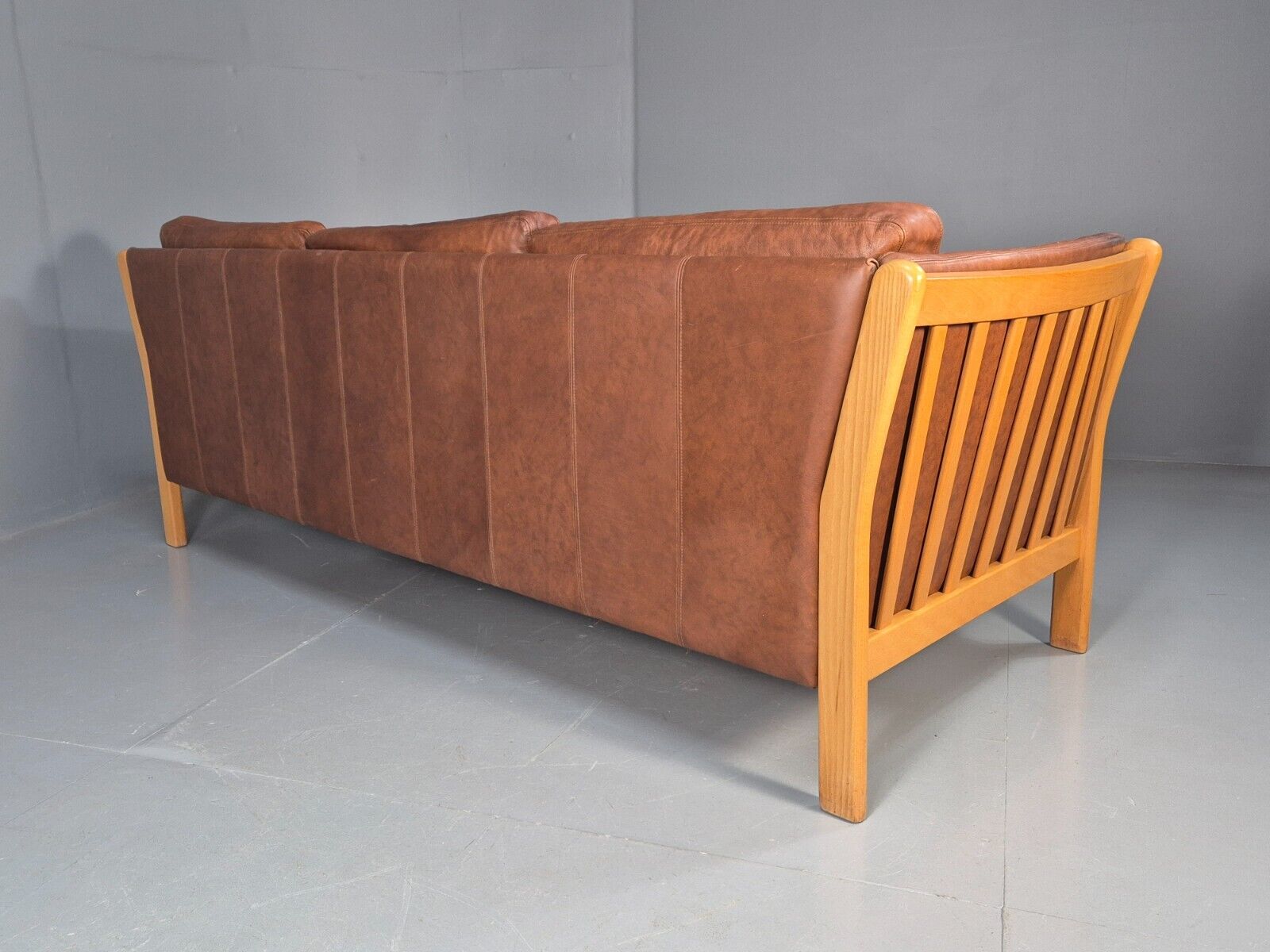 Vintage Danish 3 Seat Sofa Tan Leather Beech Ends Stouby Style MCM EB8751 M3SS - UKDK FURNITURE