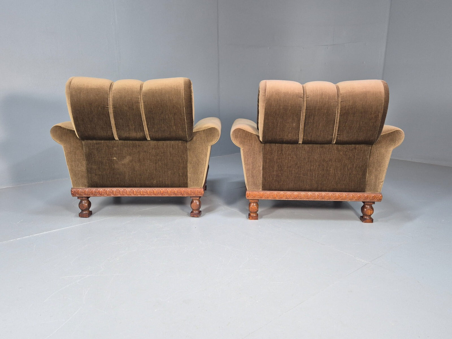 2 Vintage Danish Green Velour Armchairs Oak trim 1970 Quality Retro EB9027 VCLO - UKDK FURNITURE