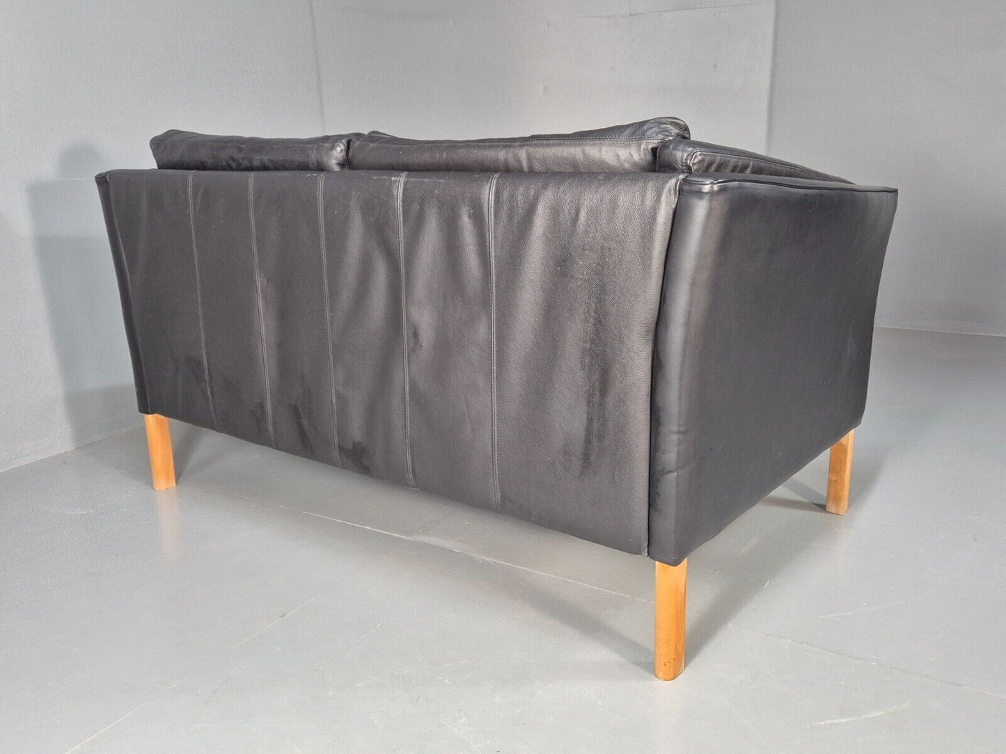 Vintage Danish 2 Seat Sofa Black Leather 1980s Retro MCM EB8697 M2SS - UKDK FURNITURE