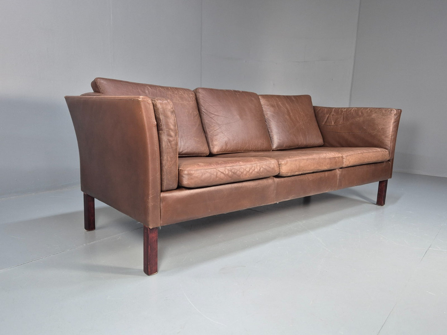 Mid Century Retro Settee Three Seater Brown Leather Vintage Denmark EB10081 M3SS2