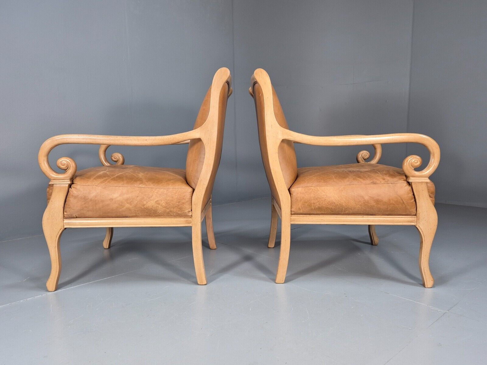 2 Vintage Lounge Chairs Tan Leather Cream Wood Frame Antique Style EB9028 VLEA - UKDK FURNITURE