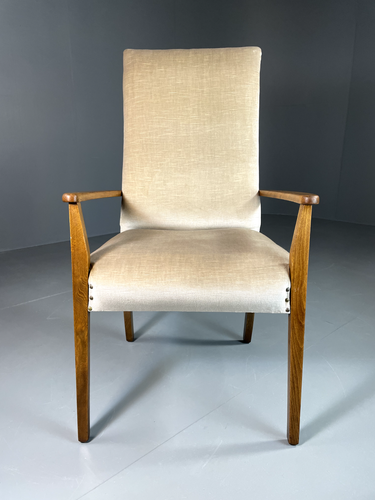 EB6009 Vintage Danish Highback Armchair Cream Velour Studded Seating VCLO - UKDK FURNITURE