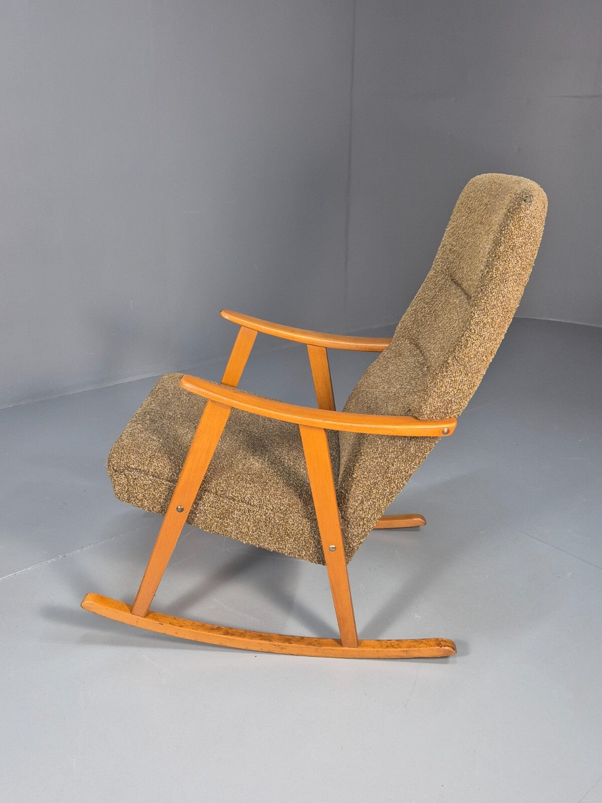 Mid Century Rocking Chair Olive Brown Wool Fabric Beech Frame 1950s EB9595 MNOR - UKDK FURNITURE
