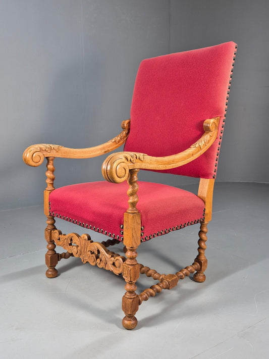 Antique Carved Oak Armchair Red Fabric Studding Vintage Danish EB9574 VCAR - UKDK FURNITURE