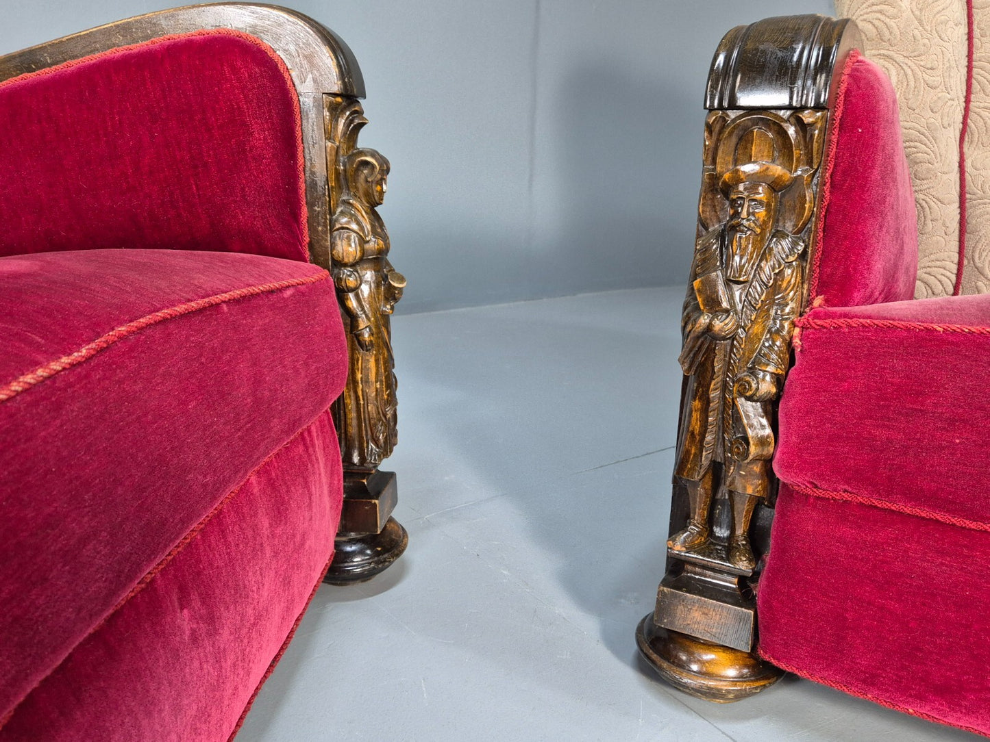 Art Deco Style Armchairs Pair Carved Oak Figures Creme Red Velour EB9586 VCAR - UKDK FURNITURE