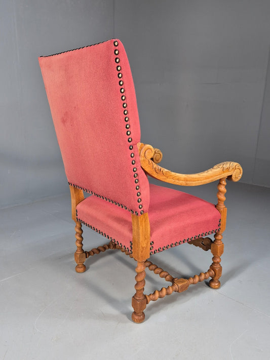 Antique Carved Oak Armchair Red Fabric Studding Vintage Danish EB9574 VCAR - UKDK FURNITURE