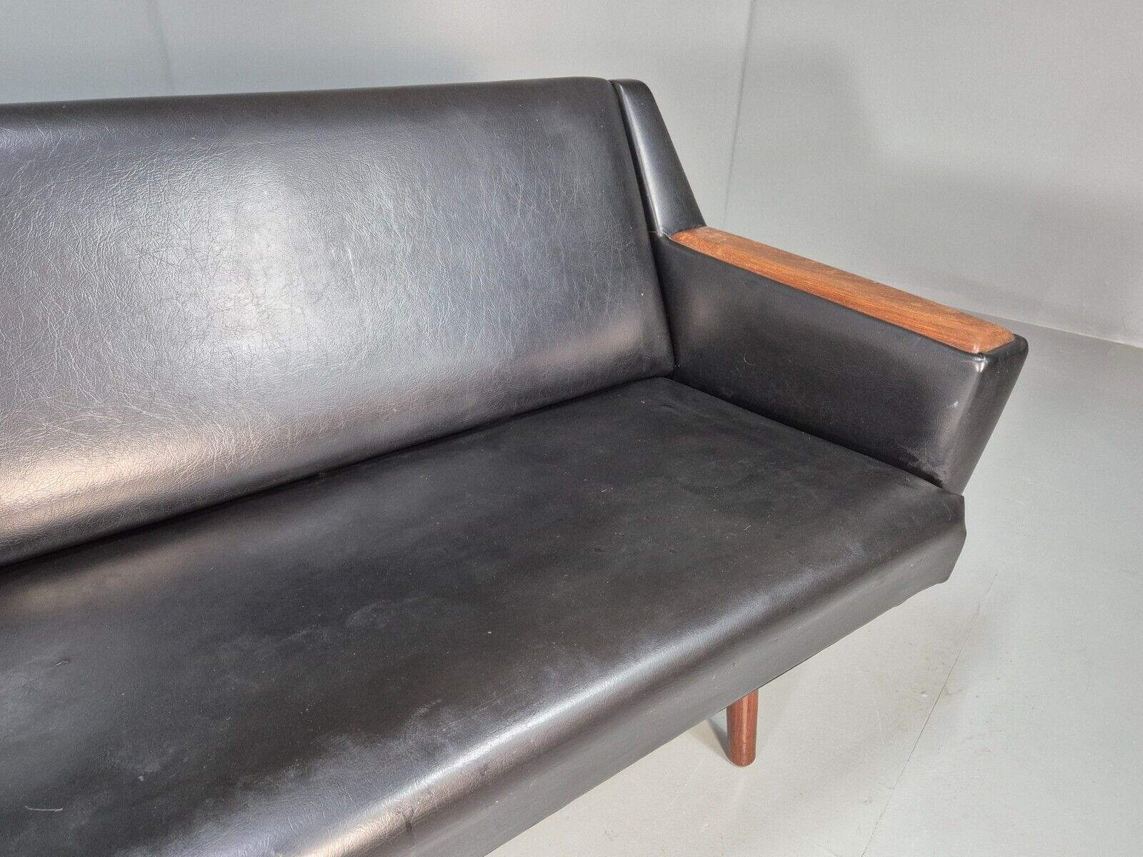 Vintage Danish Sofa Bed Black Vinyl Teak Paws Legs Reupholstery MCM EB7273 M4SS - UKDK FURNITURE