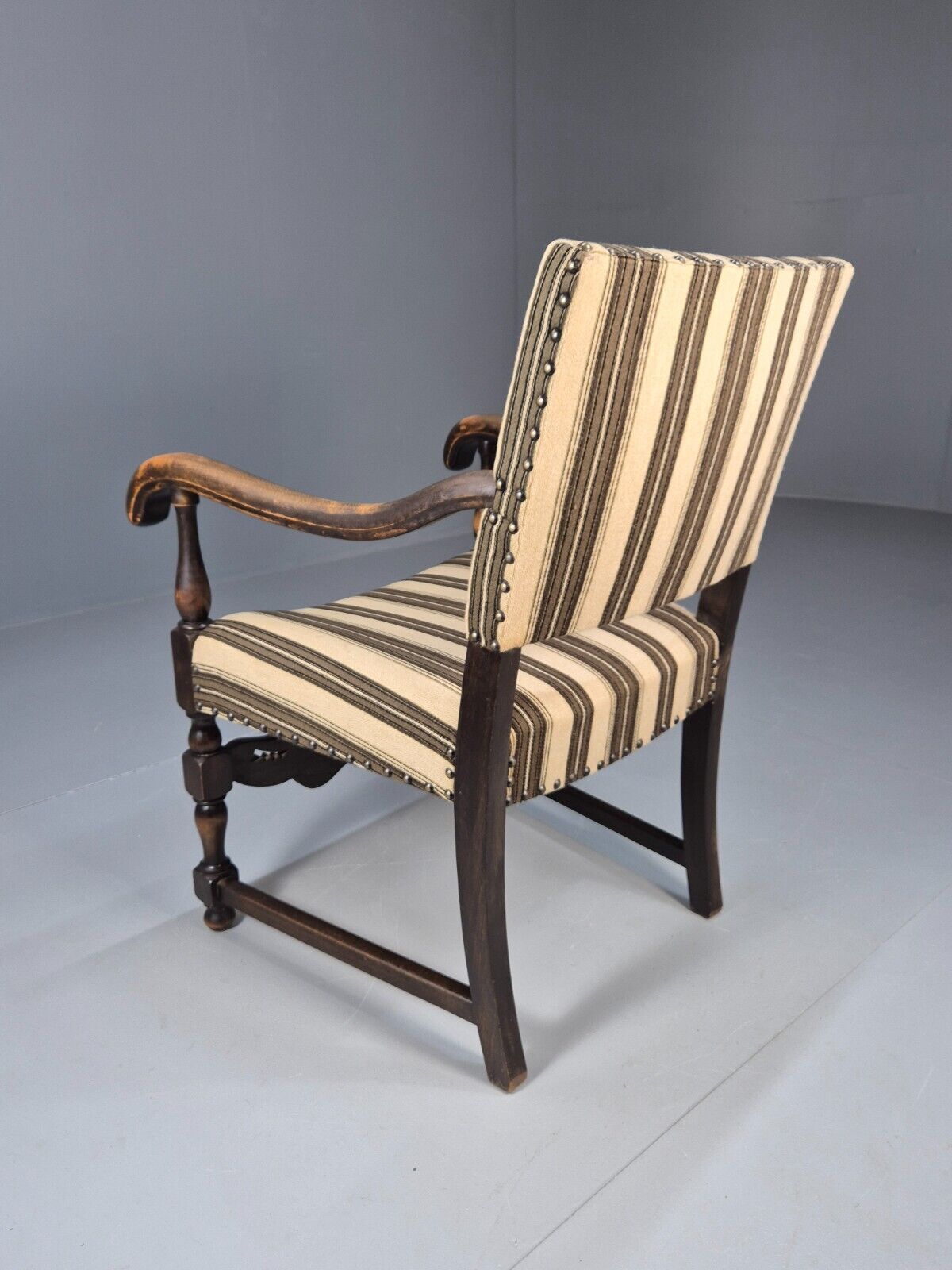 Vintage Danish Baroque Style Elbow Chair Striped Wool Upholstery EB9383 VCAR - UKDK FURNITURE