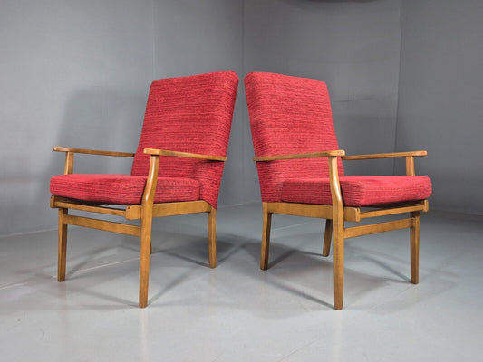 2 Vintage Lounge Chairs Red Upholstery Beech Frame MCM 1960s Retro EB7785 MNOR - UKDK FURNITURE
