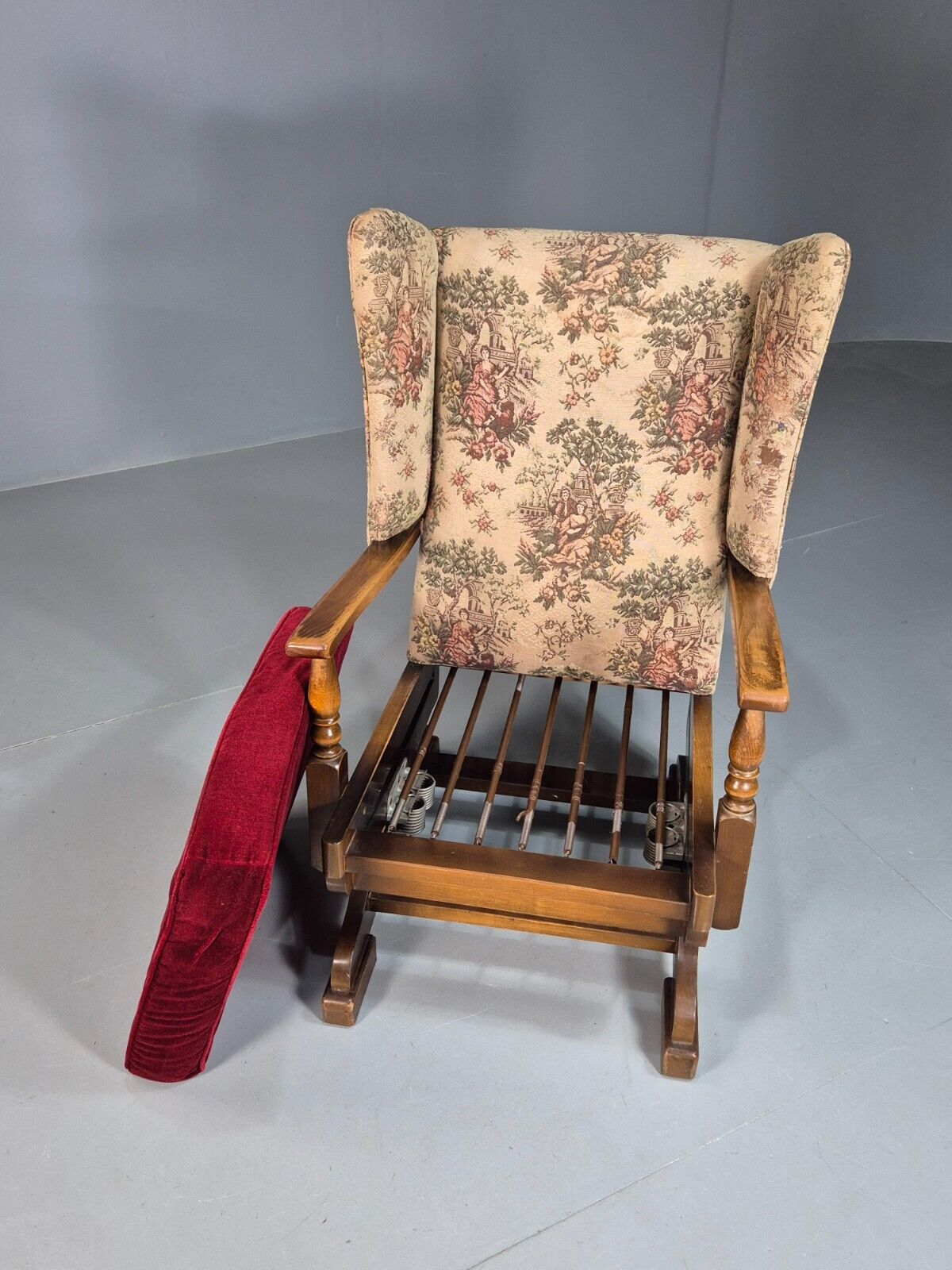 Vintage Wing Back Rocking Chair Floral Upholstery Beech Frame 1950s EB7936 MNOR - UKDK FURNITURE