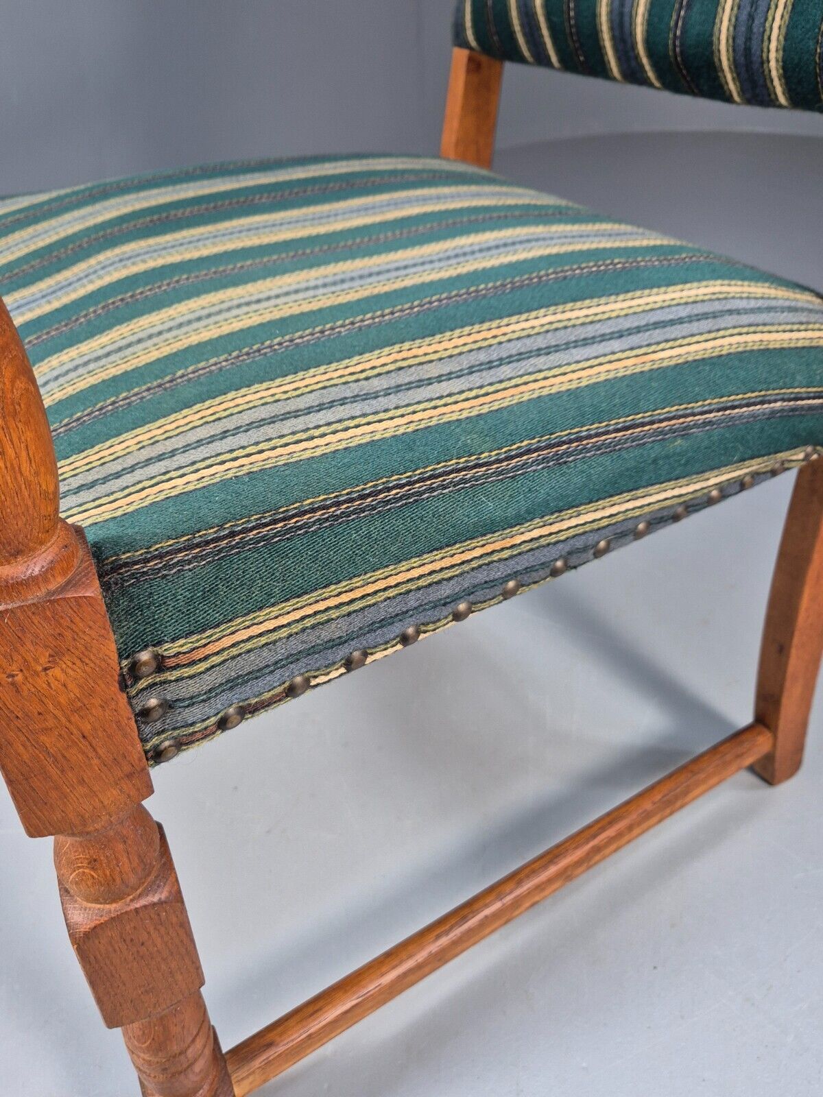 A Vintage Danish Baroque Style Armchair Green Wool Stripe Oak Frame EB9002 VCLO - UKDK FURNITURE