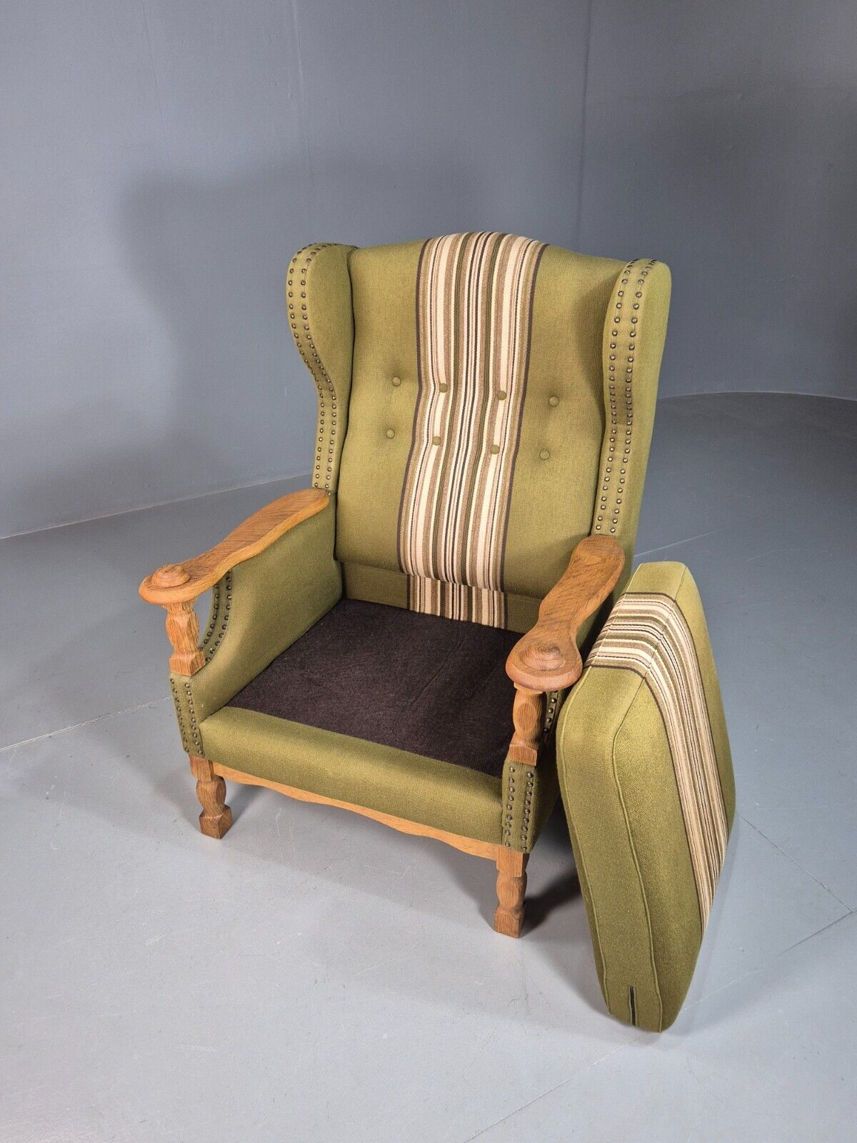 Vintage Danish Green Striped Wingback Armchair Oak Studded Skippers EB8044 MNOR - UKDK FURNITURE